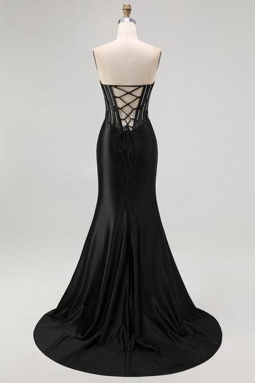 Black Strapless Mermaid Corset Long Prom Dress with Lace Up Back